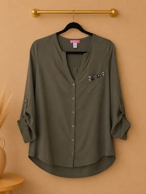 Embellished Olive Green Button-Down Shirt - Women's Relaxed Fit